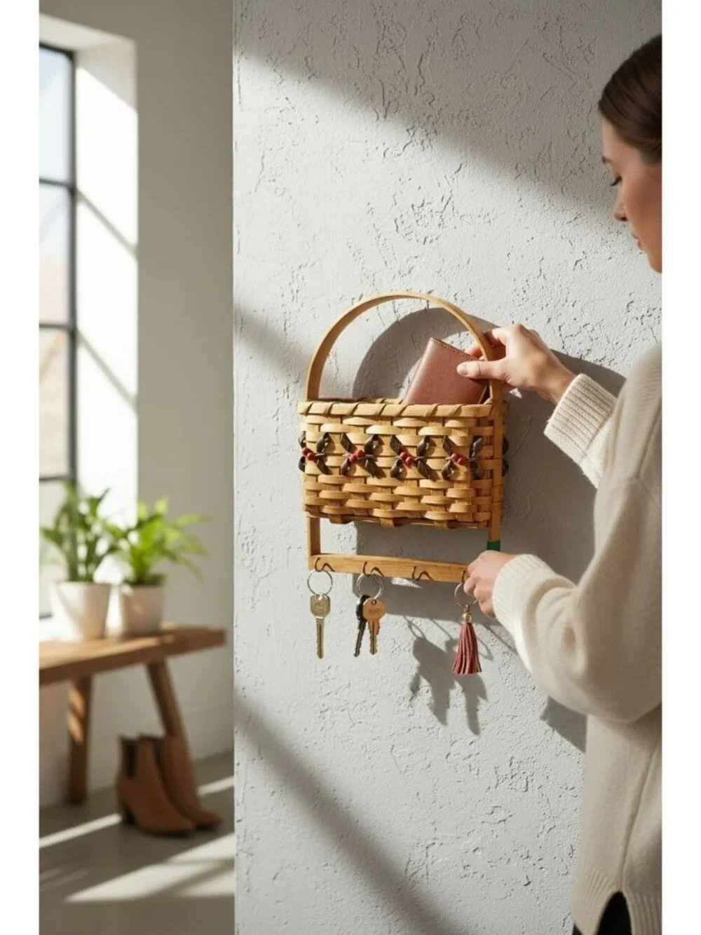Woven Wall Basket With Key Hooks & Handle – Natural Wood & Red Bead Accents